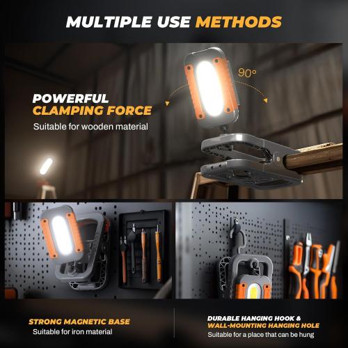 Rechargeable LED Work Light with Clamp, 3000LM Magnetic Clip-on Work Light with 4 Light Modes, 360°Rotation Flood Worklight with Portable Charger, Clamp Work Lights for Workshop, Jobsite