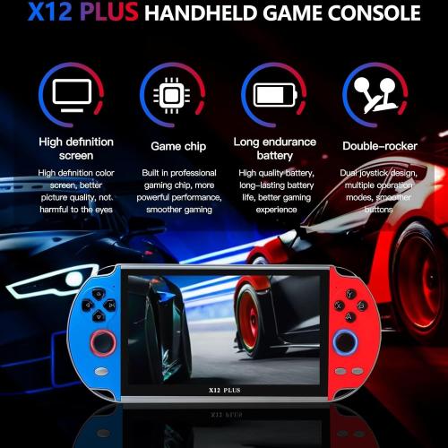 7 Inch HD Screen X12 Plus Handheld Retro Game Console Game Joystick Large 16GB Memory with 10000 Built-in Games Support 30 Game Format