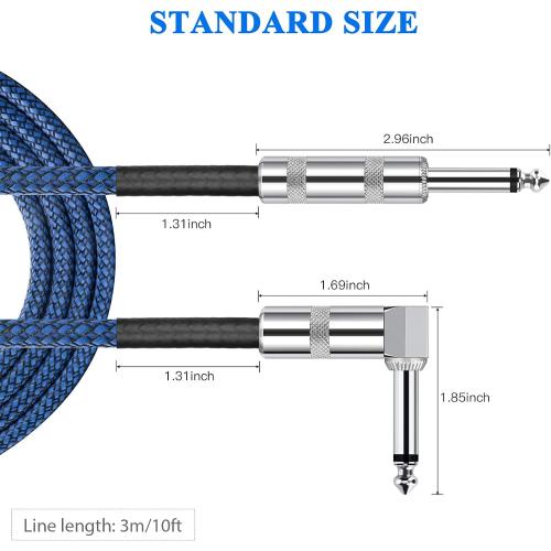 JOLGOO 1/4 Inch Cable Guitar Cable 10 Ft Straight to Right Angle 1/4 Inch 6.35mm Plug Bass Keyboard Instrument Cable Blue and Black Tweed Cloth Jacket, Electric Mandolin, pro Audio