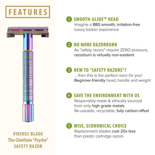 VIKINGS BLADE Safety Razor for Women   5 Swedish Steel Blades. Quick Release Head, Double Edge. Smooth, Reusable, Recyclable (Model: Psyche)