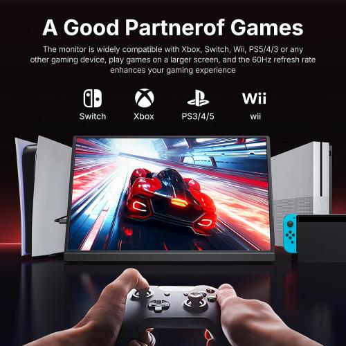 WGK 15.6 inch Portable Monitor 1080P FHD Travel Display HDMI/USB-C Compatible with Laptops, Desktops, Phones, PS, Mac, Xbox, Switch, and Other Gaming Devices Includes Stand and Speakers VESA