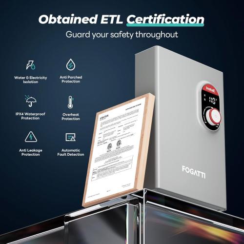 Fogatti 24kW Tankless Water Heater Electric, Up to 6.0 GPM, 240V on Demand Instant Endless Hot Water Heater, with LED Display, ETL Certified, 3-4 Point Uses for Residential Whole House Shower