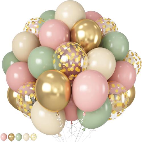Pink and Green Balloons Retro Sage Green Pink Metallic Gold Confetti Balloons Olive Green Gold Pink Beige Latex Balloon for Easter Jungle Safari Christmas Woodland Birthday Party Decorations