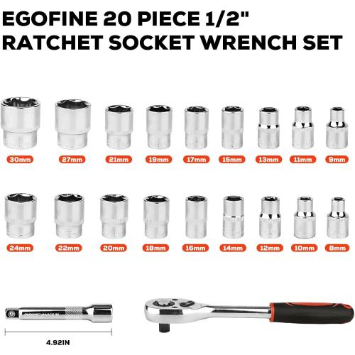 Egofine 20pcs 1/2 Inch Ratchet Socket Wrench Set, Drive Socket Set with 18 Sockets, 8-22mm,24mm,27mm,30mm sockets and 2 Way Quick Released Ratchet Handle and Extension Bar