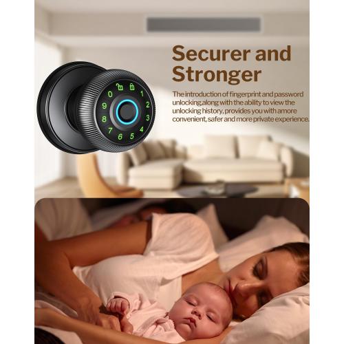 Fingerprint Door Lock - Smart Door Knob with Passcode Keypad, Finger Print Biometric Door Knobs & App Control, Keyless Smart Door Lock for Apartment Bedroom Hotel Office (Black)