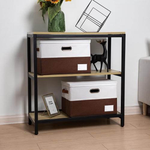 Set of 3  Foldable Storage Bins with Lids [3-Pack] Fabric Collapsible Storage Boxes Baskets Cubes Containers with Handles for Closet Living Room Bedroom (Brown & White 17.7x11.8x11.8'')