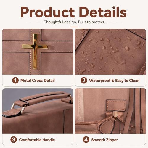 PU Leather Bible Cover, Men & Women, Cross Design & Pockets, Brown