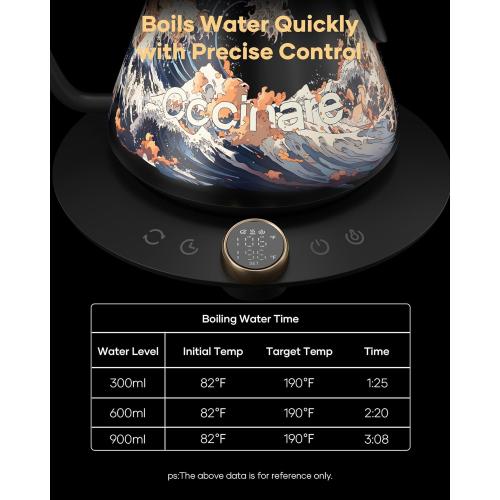 Cocinare FLOW M9 Electric Gooseneck Kettle, ±1℉ Temperature Control for Pour-over Coffee & Tea, Stainless Steel Interior, Quick Heating for Boiling Water (Wave)