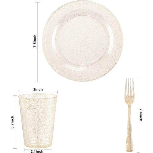 WELLIFE 150-Piece Gold Dessert Plates,Includes 50 Gold Glitter Party Plates,50 Cups & 50 Forks -Plastic Disposable Tableware Set for 50 Guests,Birthday Party,Wedding,Thanksgiving&Fall Decor