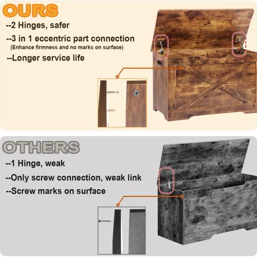 Brown 15.7 x 31.5 x 18.9 Storage Chest, Wooden Storage Bench, Entryway Shoes Bench with 2 Safety Hinges, Retro Storage Trunk for Living Room, Bedroom, 15.7 x 31.5 x 18.9 Inches, Rustic Brown