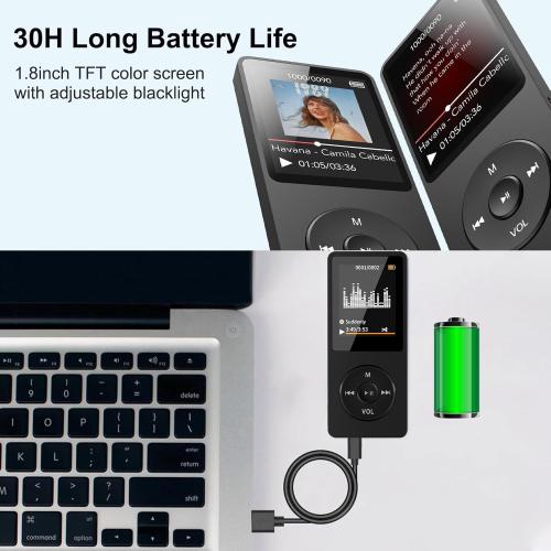 MP3 Player with Bluetooth 5.0, 1.8 inch Screen Portable Music Player with HD Speaker, HiFi Music Supports FM Radio, Voice Recorder, Supports Expanded Up to 128GB(Black, 32GB)