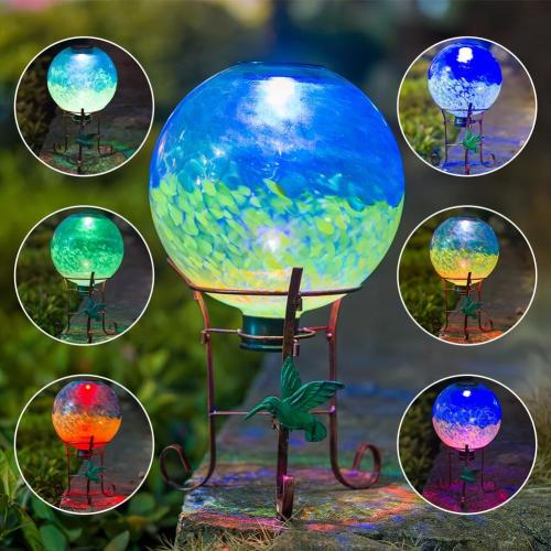 10 Diameter Solar Color-Changing Gazing Ball with 8.5 Hummingbird Metal Stand Indoor Outdoor Glass Globe Sphere Yard Ornament Solar Gazing Balls for Garden,Lawn,Patio,Porch,Gift for Women