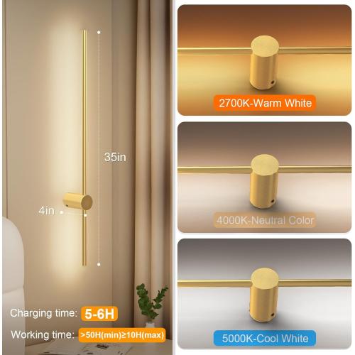 NIORSUN 35.4 Inch Battery Operated Wall Sconce Set of 2,Gold Minimalist Rechargeable LED Wall Lights with Remote, 10 Colors Dimmable Wireless Wall Sconce for Living Room Bedroom Hallway