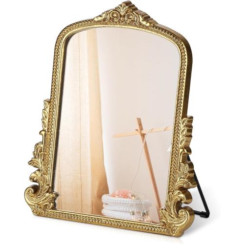 Vintage Makeup Mirror, Vanity Desk Mirror Antique Traditional Tabletop Mirror, Standing, Hang or Wall Mounted, Adjustable Dress-up Mirror, Gold Decor Mirror for Living Room,Bedroom (gold, 12*9.8 in)