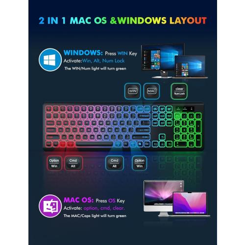 Wireless Keyboard - RGB Backlit, Rechargeable & Light Up Letters, Full-Size, Ergonomic Tilt Angle, Sleep Mode, 2.4GHz Quiet Keyboard for Mac, Windows, Laptop, PC - missing mouse