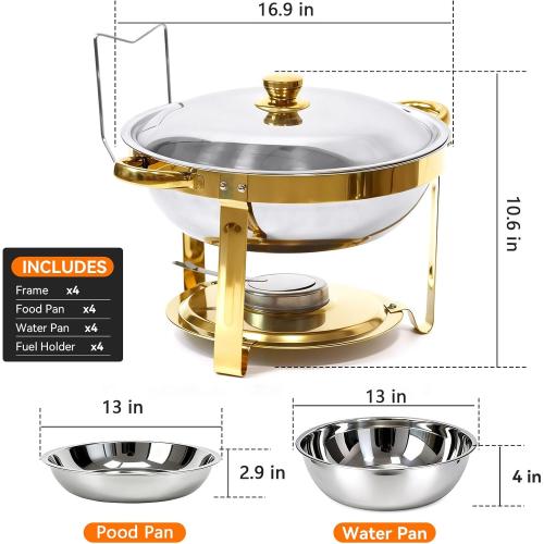 6QT Gold Chafing Dishes for Buffet, 304 Stainless Steel Food Pan with Lid, Round Chafing Dish Buffet Set of 4 Pack Food Warmer, Food Warmers for Parties Buffet Catering Events Dinners