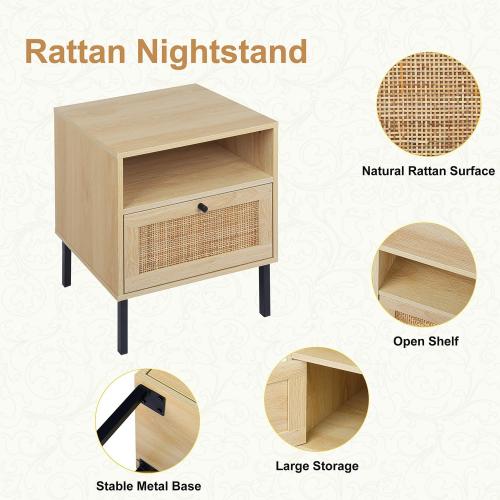 Angel Sar Rattan Nightstands Set of 2, Boho Night Stand with 1 Door, Accent End Table, Wood Bediside Table with Metal Legs&Open Shelf, Natural Wood