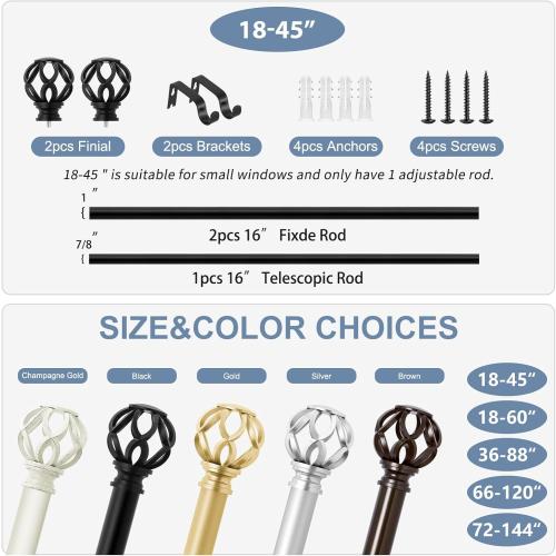 Black Decorative Farmhouse Curtain Rods:18-45 Adjustable Heavy Duty Single Window Curtain Rod for Bedroom Living Room,Matte Black Boho Rustic Drapery Rods with Vintage Twist Finial Easy Install