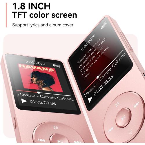 AGPTEK A02 MP3 Player with Bluetooth 5.3, 1.8 inch Screen Portable Music Player with Speaker, FM Radio, Voice Recorder, Supports Expanded Up to 128GB(Rose Gold, 64GB)