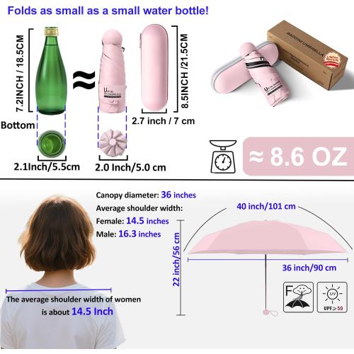 Pink BAODINI Travel Mini Umbrella for Purse With Case Small Compact UV Sun Protection Sun Lightweight Tiny Pocket Manual Open Close Umbrella for Women Kids and Men