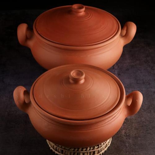 Swadeshi Blessings HandMade Unglazed Clay Pot for Cooking with Lid, 4Liters | Chemical-Free, Multi-Use Clay Cooking & Serving Pot, Earthen Kadai, Mud Handi, Mitti Ke Bartan, Free Cleanser&Palm Leaf Stand