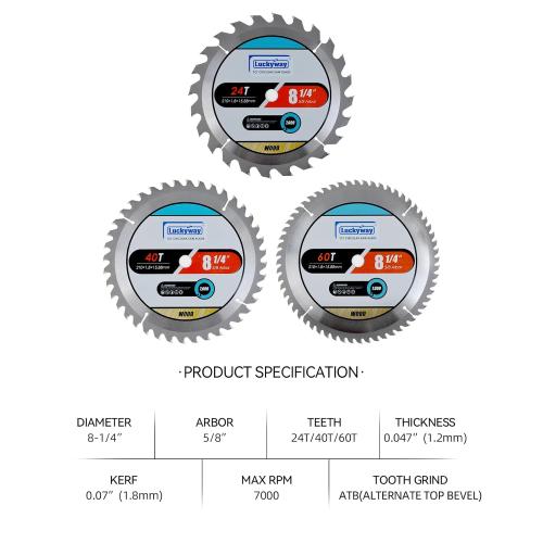 Luckyway 8-1/4 Inch Table Saw Blade 24T Framing & 40T Ripping/Cross Cutting 60T Finish with 5/8 Inch Arbor TCT Saw Blade for Table Saw,Precision Cutting for Woodworking, 3-Pack