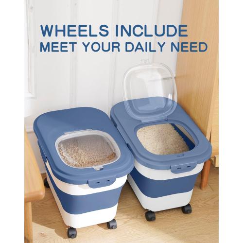 Rice Storage Container,Collapsible Food Storage Containers with Rolling Wheel Airtight Locking Lid,Flour Storage Container with Cup and Scoop,Suitable for Food,Rice,Pet Food,Flour