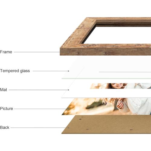 iRahmen 11x14 Picture Frame Set of 4 with Tempered Glass, Rustic Brown Frame Display 8x10 Pictures with Mat or 11 x 14 Without Mat, Wooden Photo Frames for Wall Mounting