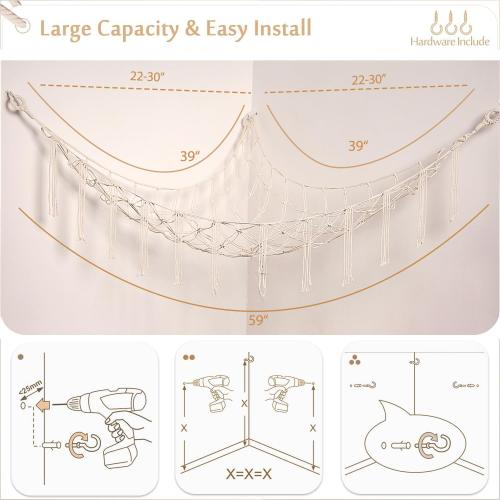 YKBU Stuffed Animals Hammock Corner Hanging Net Macrame Stuffed Animal Storage Plush Toy Holder Toy Organizer for Boho Nursery Playroom Bedroom Kids Room (cream, M)