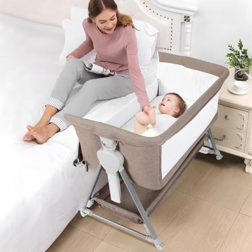 Cowiewie Bassinet Bedside Sleeper, Baby Bassinet with 7 Adjustable Height, Bedside Bassinet for Baby with Storage, Breathable Mesh & Mattress, Portable Bassinet Easy Folding (Baby Brown)