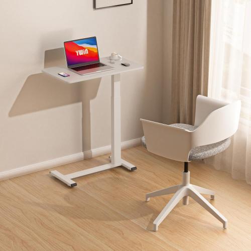 Ywin Adjustable Height Side Table, Adjustable Bedside Table with Wheels, Overbed Bedside Table, Pneumatic Moveable Bed Desk, Rolling Hospital Bed Table(White)