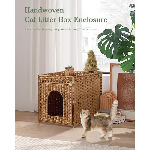 18.5 x 20.5 x 19.1 Cat Litter Box Enclosure Furniture, Hidden Litter Box with Mat and Fence, Handwoven Rattan Cat House with Two S-Shaped Hooks for Living Room, Bedroom, 18.5 x 20.5 x 19.1 Inches (Natural)