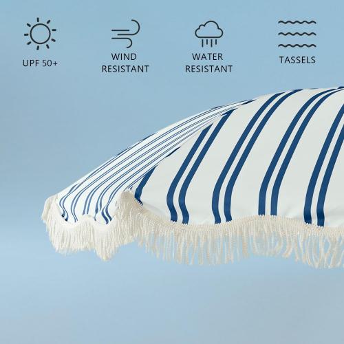 6.5FT Striped Beach Umbrella with Fringe, UPF 50  Sun Protection with Silver Coating, Adjustable Height and Tilt Design, Wind-Resistant Fiberglass Ribs, Wood Grain Iron Pole, Lightweight Design with Portable Carry Bag, Base Not Included