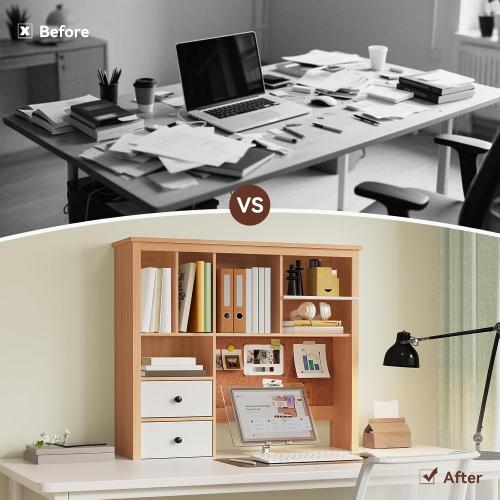 Treocho Desktop Hutch Bookshelf with Cork Board for Photos and Reminders, Maple Desk Organizer with Drawers and Shelves, Study Desk Hutch for College Dorm, Student Bedroom, Compact Study Spaces