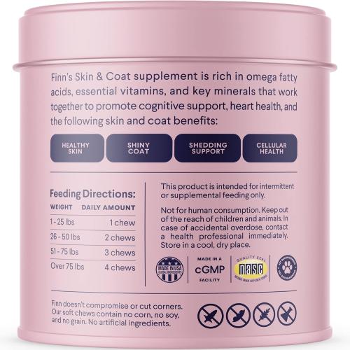 Finn Skin & Coat Salmon Oil Chews for Dogs | Omega-3 EPA & DHA | 90 Ct | Biotin, Zinc & B-Vitamins | Wild Alaskan Sourced | NASC Certified | Vet-Formulated | Healthy Skin & Coat