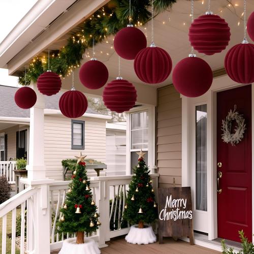 Syhood 4 Pcs 6 Inch Velvet Christmas Balls Large Velvet Ornaments Balls Xmas Tree Decorations Hanging Flocked Ornaments for Christmas Tree Home Garland Holiday Party Decor (Burgundy)