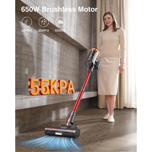 Cordless Vacuum Cleaner, 650W/55KPa 70Mins Vacuum Cleaners for Home, Self-Standing Stick Vacuum with Anti-Tangle Brush & OLED Touch Screen, Vacuum Cleaner for Hardwood Floors,Carpet,Pet Hair,Car (Red)