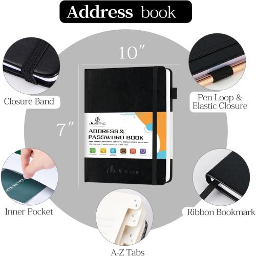JUBTIC Address book with Alphabetical Tabs, Hardcover Password Keeper and Telephone Book Address Organizer Record Contacts, Internet Login Address Log book Journal Notebook for Home or Office-Black