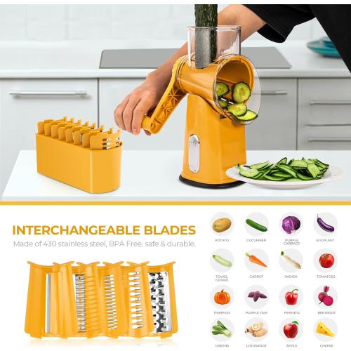 SUSTEAS Rotary Cheese Grater with Handle - Vegetable Shredder with 5 Well-designed Blades & Strong Suction Base,Round Mandoline Slicer & Food Chopper for Kitchen,with Blade Storage Box(Yellow)
