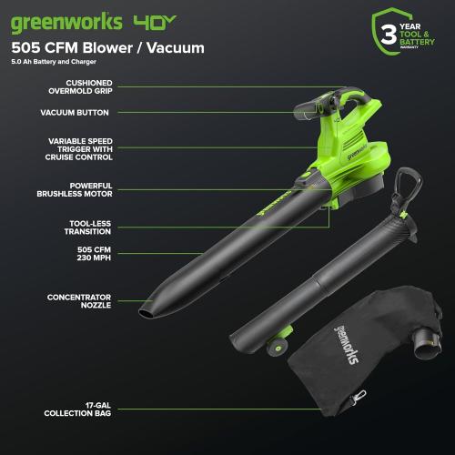 Greenworks 40V (230 MPH / 505 CFM) Cordless Brushless Leaf Blower/Vacuum with Bag, High Power, Lightweight & Quiet for Yard Debris Cleanup, Includes 5.0Ah Battery & Charger