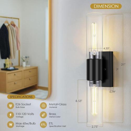 Wall Sconces Set of Two, Black Bathroom Sconces Wall Lighting with Clear Glass Modern Sconces Wall Light Set of 2 Bathroom Light Fixtures Vanity Light for Living Room Bedroom Washroom Hallway
