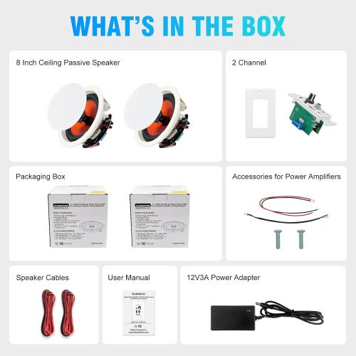 STUDIOFINIX 8-Inch Bluetooth Ceiling Speaker System with A 2-Channel Wall Amplifier,400W Max Power Output Pair - Perfect for Clear Sound in Living Room, Office, Kitchen, Basement & Covered Patio