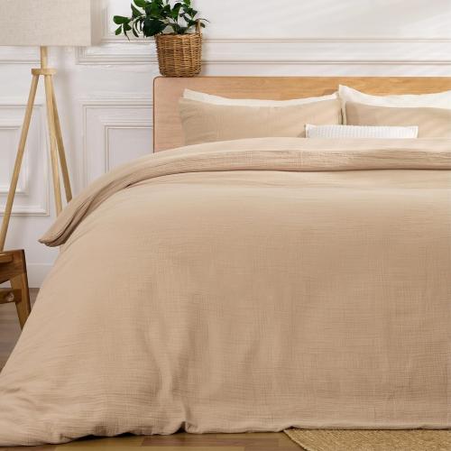 100% Sandwashed Cotton Duvet Cover Queen Size, Soft Queen Duvet Cover Set 3 Pieces with Zipper Clousre & Corner Buttons (Linen, Queen 90 x 90)