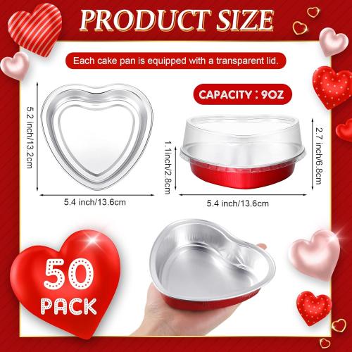 Yinkin 50 Set 9 oz Heart Shaped Aluminum Cake Pan with Lid Disposable Heart Foil Tin Pans Cupcake Liners Muffin Tins for Mother's Day Wedding Bridal Shower Baking Supplies (Red)