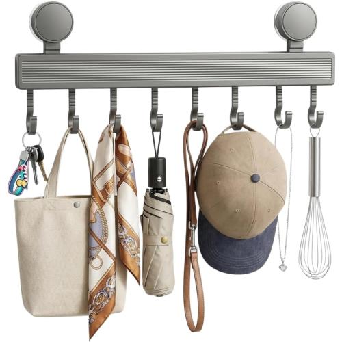 8-Hook Hanging Pot Rack, Wall Mounted Pan Hanger with Suction Cups, Space-Saving Aluminum Pot and Pan Holder for Tile Walls (40cm/15.75 Inch, Grey)