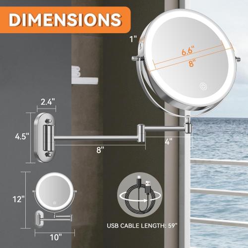 Auxmir 1X/30X Wall Mounted Makeup Mirror with Light, 8 Rechargeable Double-Sided Magnifying Mirror, Vanity Mirror Dimmable 3 Color Light, 360° Extension Rotation Foldable 14.5 Inch Arm, Chrome
