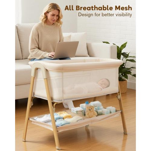 Baby Bassinet, Bedside Bassinet for Baby, Bassinet Bedside Sleeper with Mattress, Storage Basket and 4 Auto-Lock Wheels, Full-Mesh Sides, Bedside Mini Crib for Newborn (Beige)