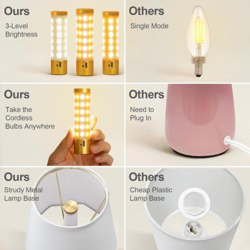 14''H Cordless LED Ambient Table Lamp, Rechargeable Ceramic Bedside Lamp with 3-Level Dimmable Soft Lighting, Linen Shade, Cozy Room Decor for Teens (Pink)