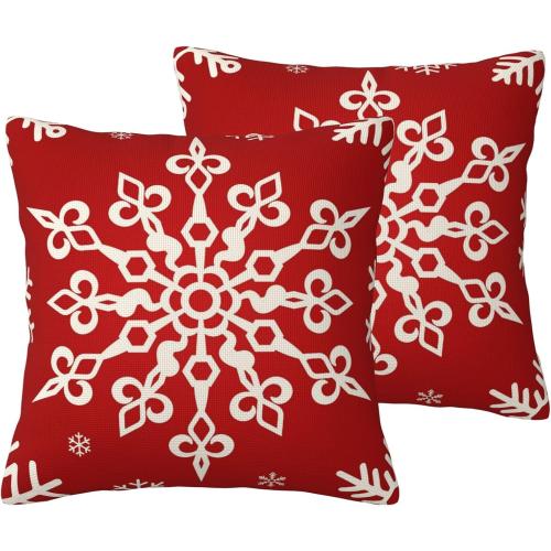 Snowflakes Throw Pillow Covers 18x18 Inch Set of 2 Christmas Red Winter Square Decorative Pillowcases Orange Cushion Cover for Sofa Couch