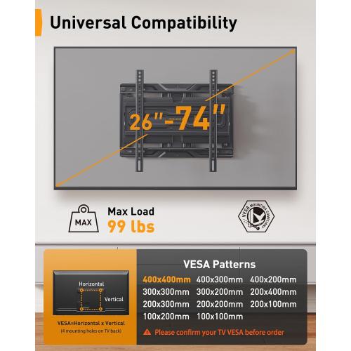 Perlegear Full Motion TV Wall Mount for 26-74 inch TVs, Height Adjustable TV Mount, Pre-Assembled Wall Mount TV Bracket with Tool-Free Tilt, Swivel, Fits 16” Studs, 99 lbs, Max VESA 400x400mm, PGMF21